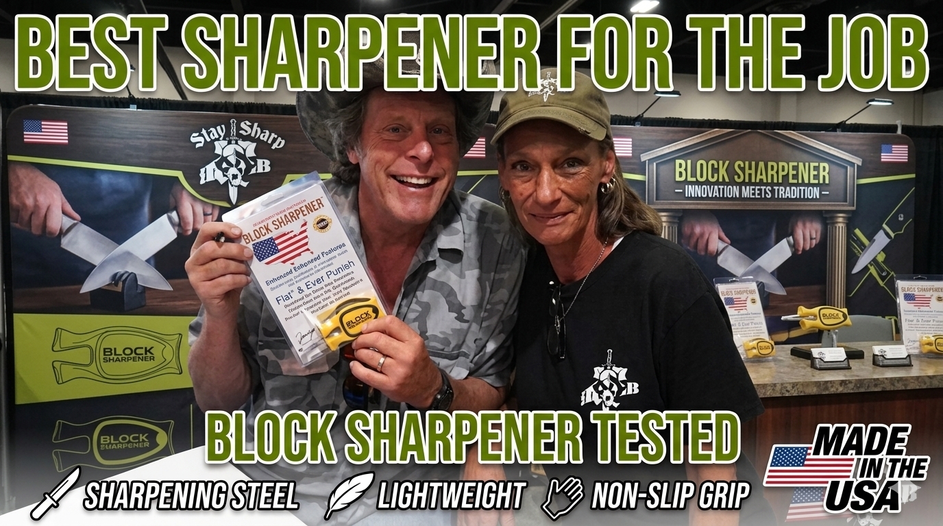 Ted Nugent getting a Block knife sharpener from Billie Jo Block 