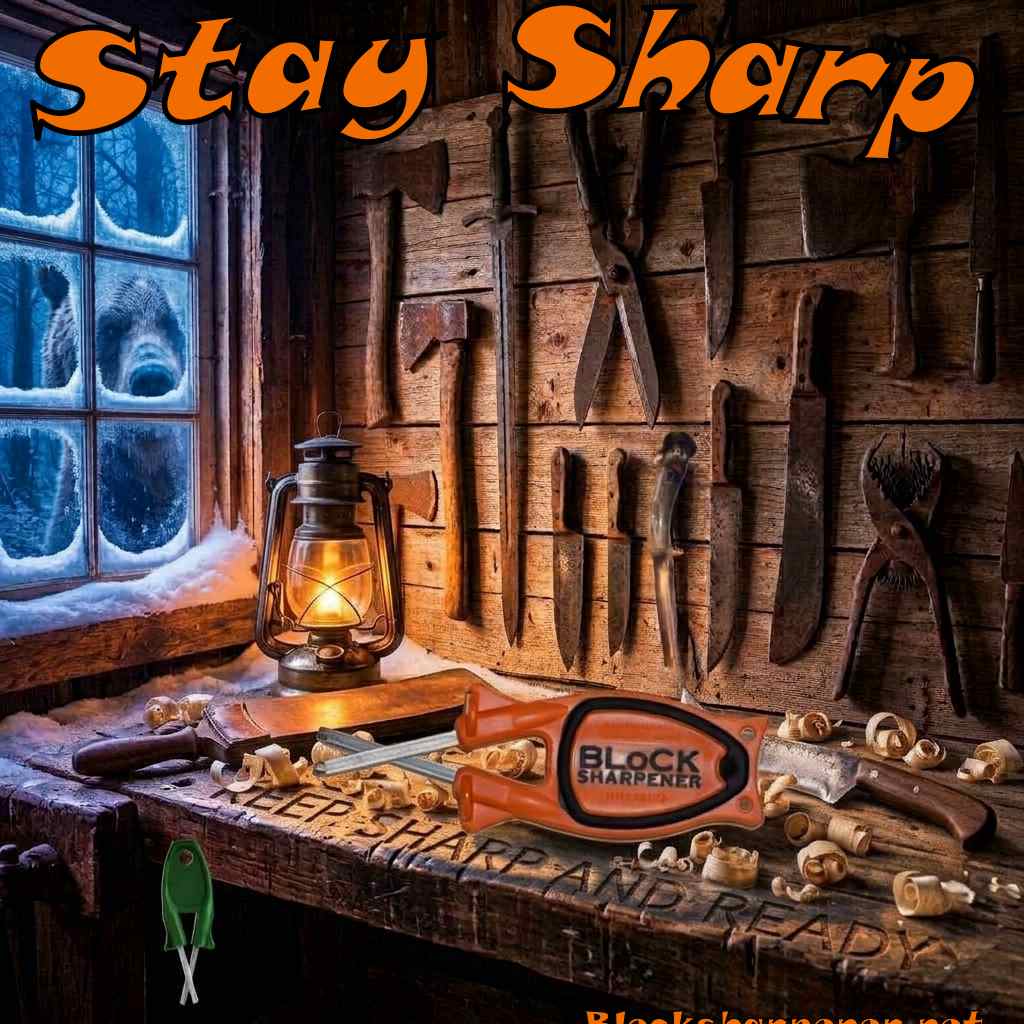 Orange Block Knife Sharpener sitting on a rustic wooden workbench next to a leather strop, skinning knife, and wood shavings, with a glowing lantern and a grizzly bear looking through a snowy window.
